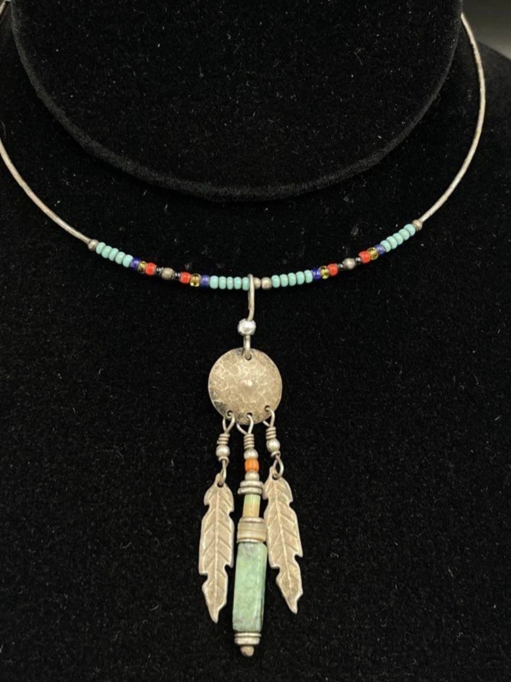 Vintage 93.9% Silver Native American Style Choker Necklace Turquoise Serpentine
